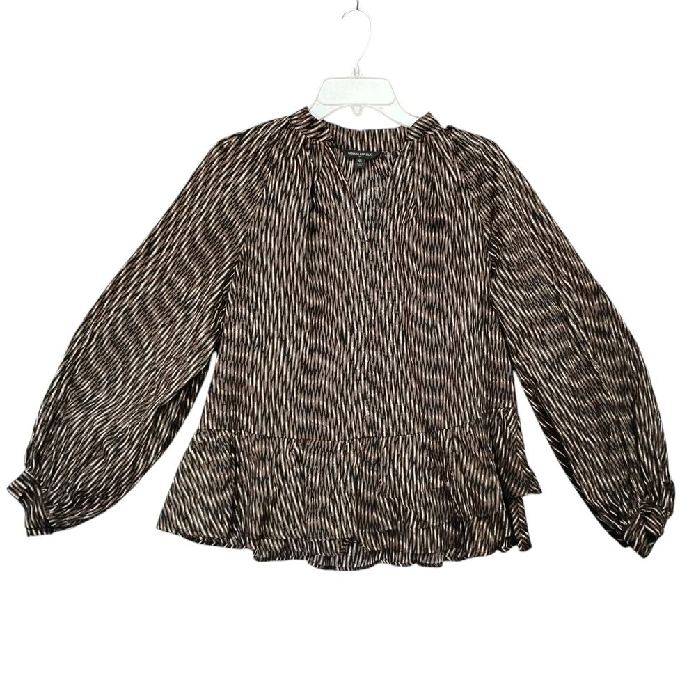 Banana Republic Tiered Blouse Brown & Black XS Long Puffy Sleeve Missing Belt - Picture 4 of 12